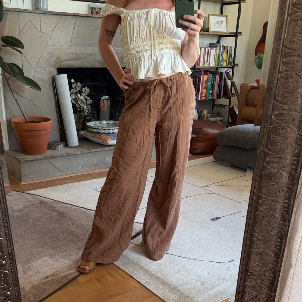 Wide Leg Linen-Blend Pants in Brown